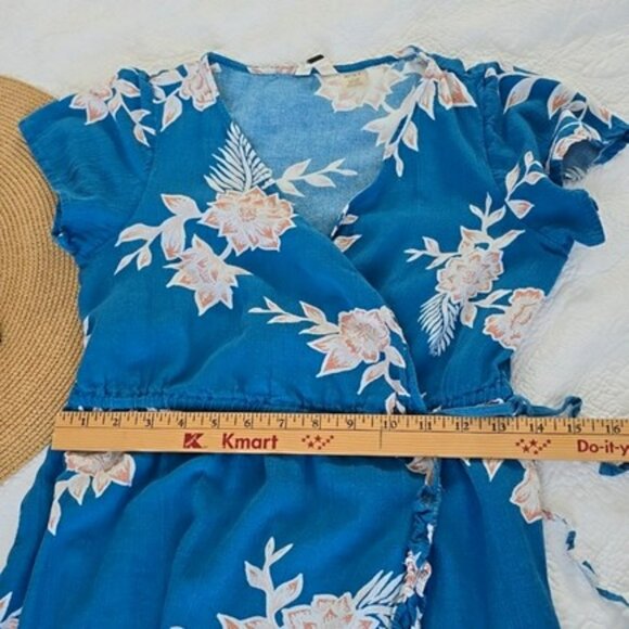Roxy Women's Mini Wrap Dress Size Small Blue Tropical Short Sleeves Vacation - Picture 11 of 16